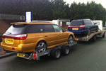 Subaru cars being transported to a Subaru specialist in Hebbden Bridge